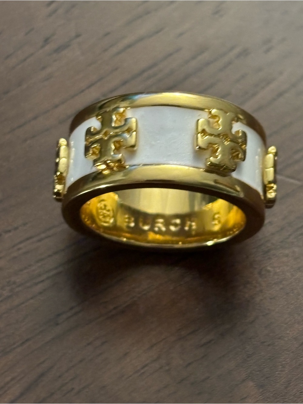 Tory Burch Gold plated and White Enamel Logo Band size 6